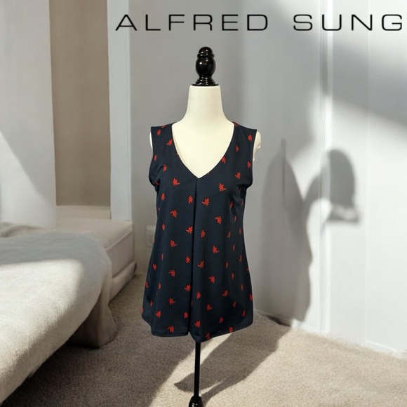 NWOT, Alfred Sung, Sleeveless Patterned V-Neck Blouse, XS, Navy & Red - Picture 1 of 8